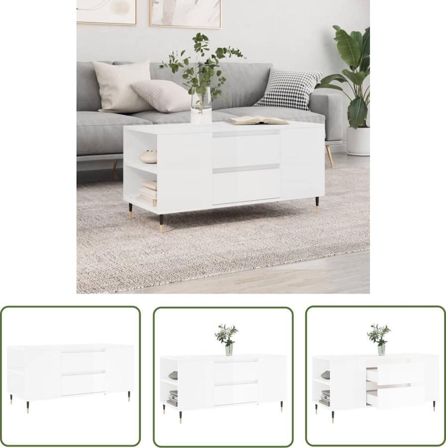 The Living Store Salontafel Hoogglans Wit 102 x 44.5 x 50 cm Met 2 lades en 4 vakken Salontafel Houten Salontafel Witte Salontafel Modern Salontafel Bijzettafel - Foto 2