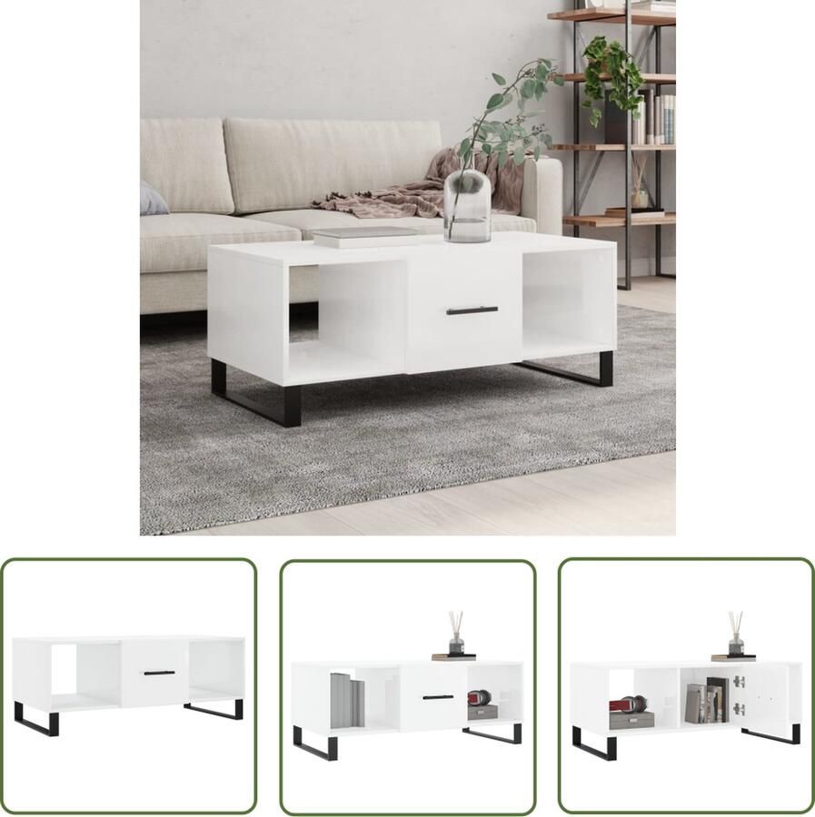 The Living Store Salontafel Hoogglans Wit 102 x 50 x 40 cm Opbergruimte Stevig Tafelblad Praktische Deur IJzeren Poten Salontafel Bijzettafel Houten Salontafel Witte Salontafel Moderne Salontafel - Foto 2