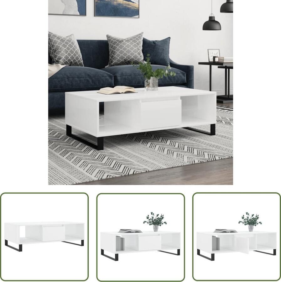 The Living Store Salontafel Hoogglans wit 104 x 60 x 35 cm Met 3 vakken Stevig bewerkt hout en ijzer Salontafel Hoogglanstablet Houten Salontafel Wit Meubilair Livingroom Furniture - Foto 2