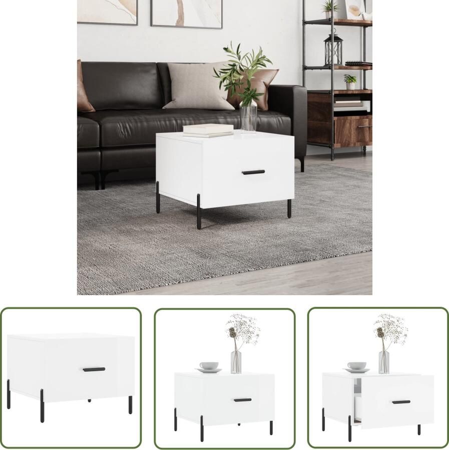 The Living Store Salontafel Hoogglans wit 50x50x40 cm Bewerkt hout en ijzer Salontafel Bijzettafel Houten Salontafel Moderne Salontafel Hoogglans Wit - Foto 2