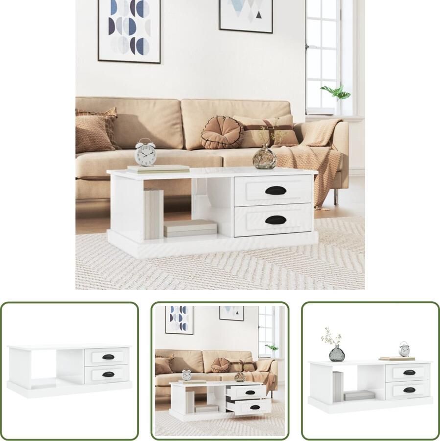 The Living Store Salontafel Hoogglans wit 90 x 50 x 35 cm Bewerkt hout Salontafel Bijzettafel Houten Salontafel Witte Salontafel Design Salontafel Multifunctionele Salontafel
