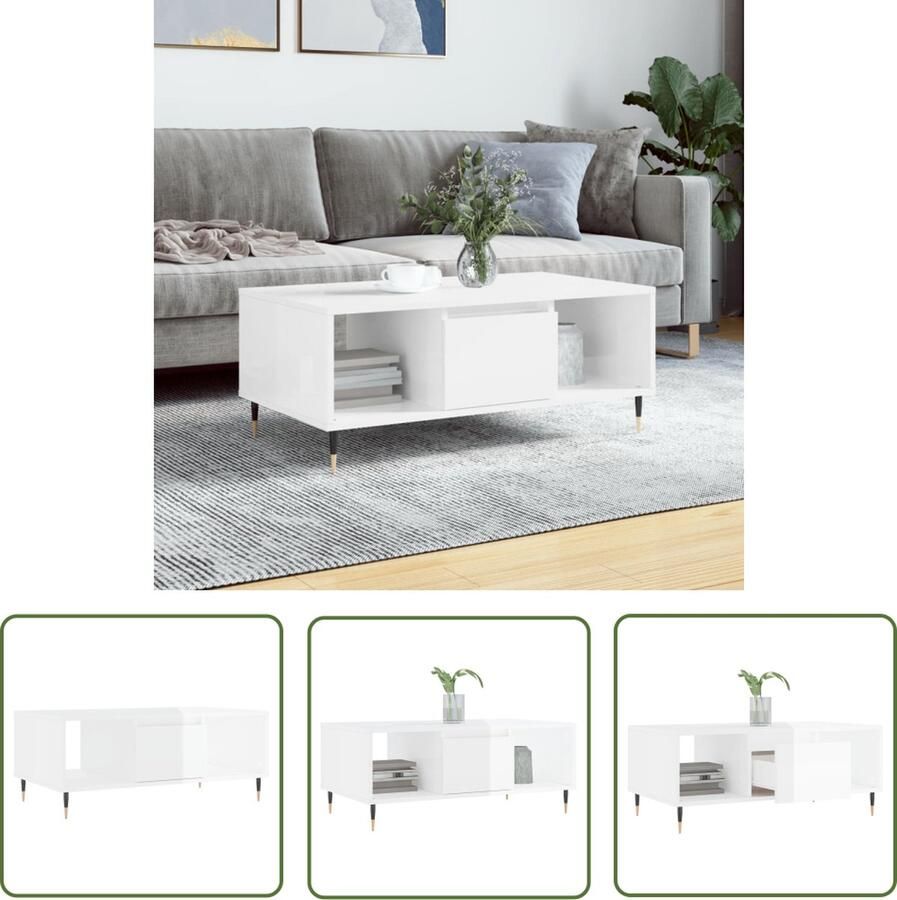 The Living Store Salontafel Hoogglans wit 90 x 50 x 36.5 cm Bewerkt hout en metaal Salontafel Hogglans Witte Salontafel Houten Salontafel Met Lade Design Salontafel - Foto 2