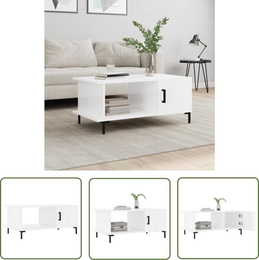 The Living Store Salontafel Hoogglans wit 90 x 50 x 40 cm Met opbergruimte Stevig tafelblad Praktische deur IJzeren poten Salontafel Salontafeltje Koffietafel Tv Tafeltje Houten Salontafel - Foto 2