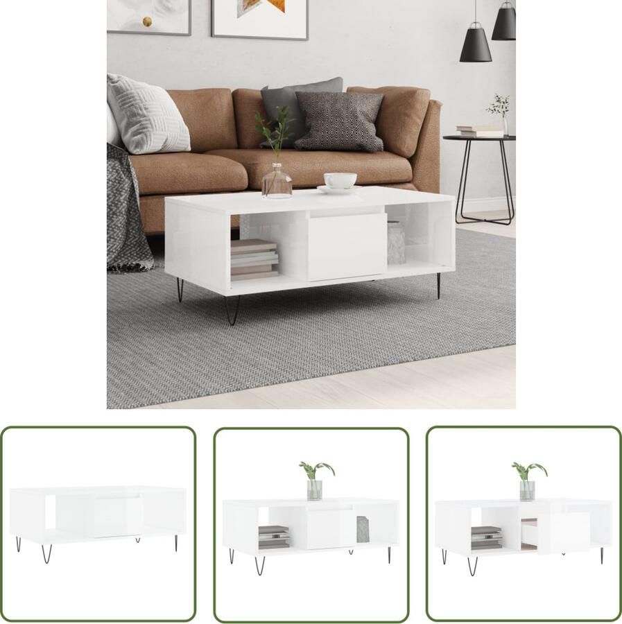 The Living Store Salontafel Hoogglans wit Bewerkt hout en metaal 90 x 50 x 36.5 cm Salontafel Witte Salontafel Houten Salontafel Met Lade Salontafel Met Opbergvak - Foto 6