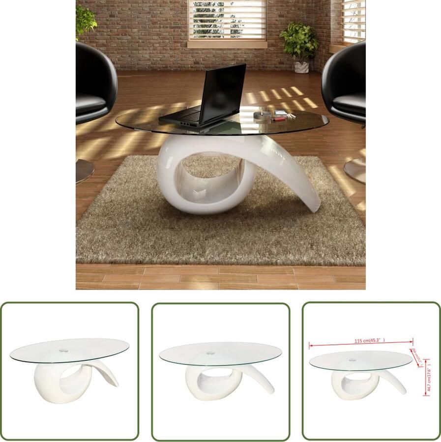 The Living Store Salontafel Hoogglans Wit Ovale Glazen Tafelblad 115x64 cm Stevige Constructie - Foto 2