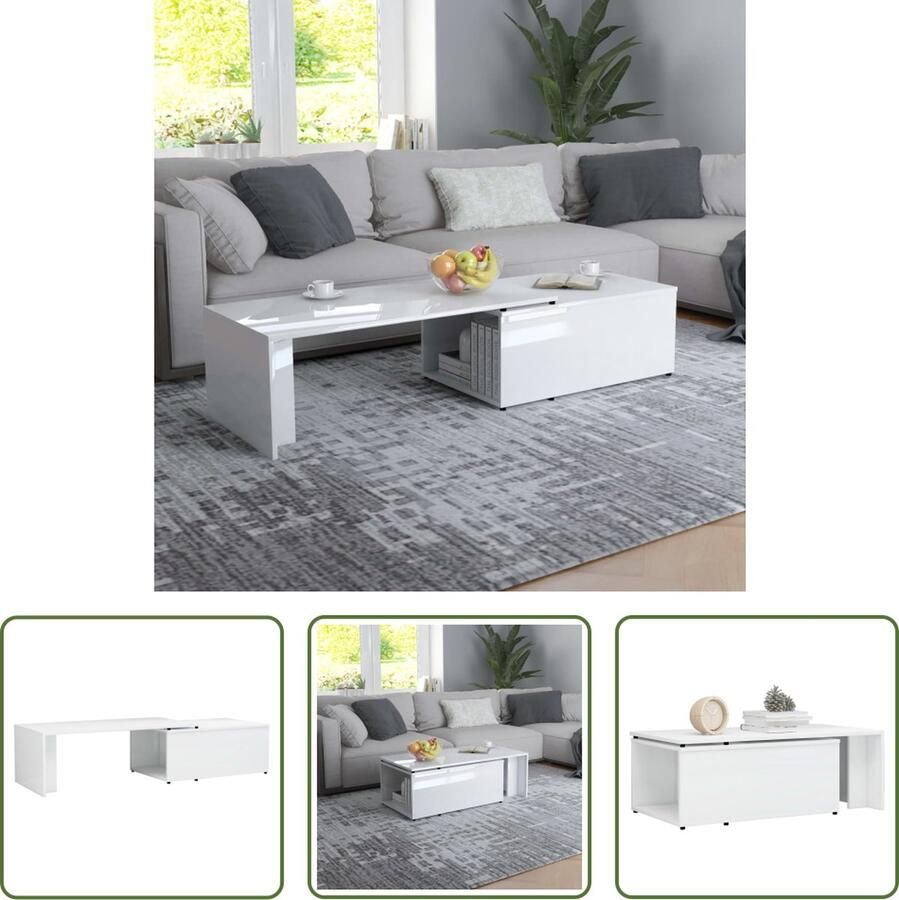 The Living Store Salontafel Hout 150 x 50 x 35 cm Hoogglans wit Eenvoudig schoon te maken - Foto 2
