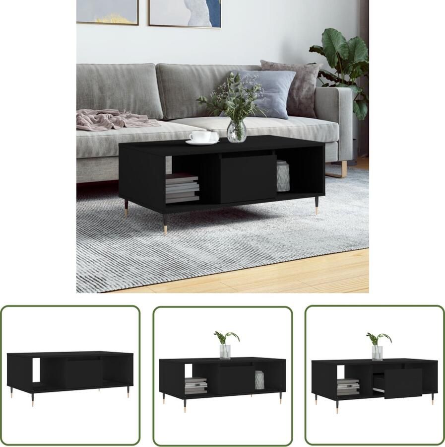The Living Store Salontafel Hout 90 x 50 x 36.5 cm Met lade en opbergruimte Zwart Salontafel Houten Salontafel Zwarte Salontafel Salontafeltje Bijzettafel