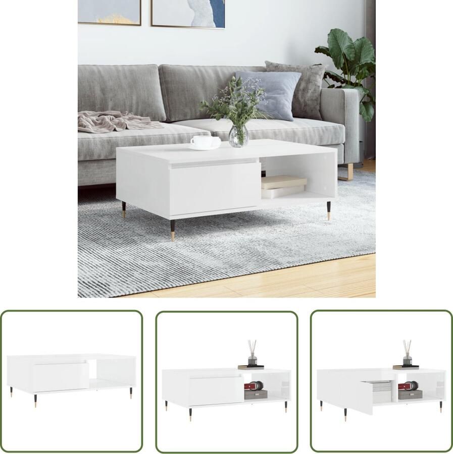 The Living Store Salontafel Hout-IJzer 90x60x35 cm Hoogglans Wit Met Opbergruimte Salontafel Hoogglanstafel Houten Salontafel Salontafeltje Koffietafel - Foto 2