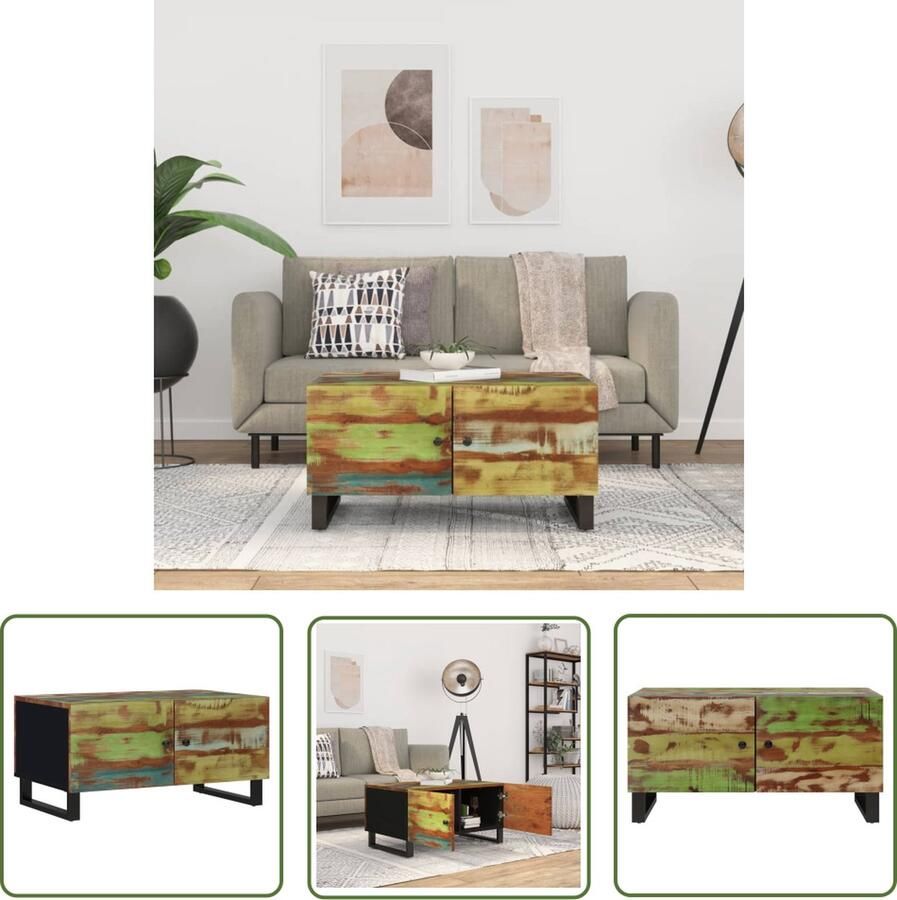 The Living Store Salontafel Houten bijzettafel met praktische deuren 80 x 50 x 40 cm Massief gerecycled hout Salontafel Bijzettafel Houten Tafel Multifunctionele Tafel Vintage Tafel - Foto 2