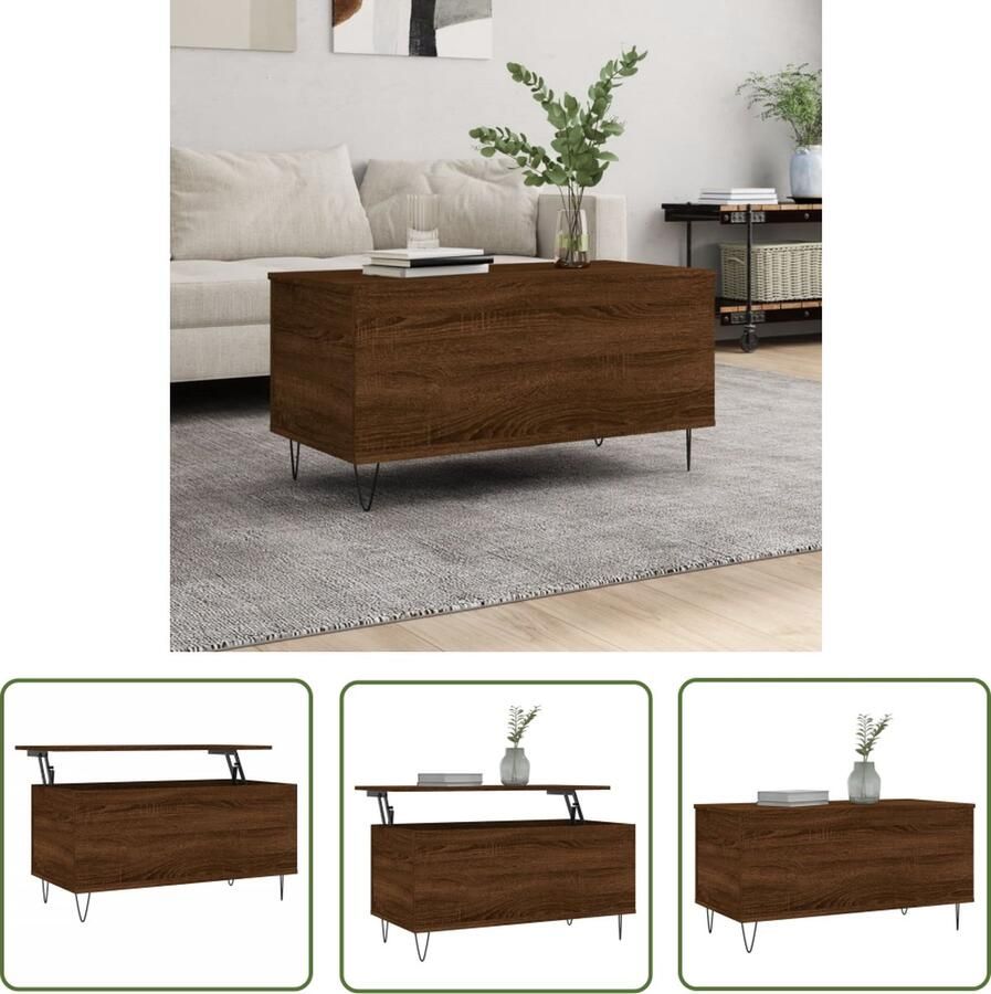 The Living Store Salontafel Lift-top Bewerkt Hout 90 x 44.5 x 45 cm Bruineiken Salontafel Lift Top Houten Salontafel Bruine Salontafel Multifunctionele Tafel - Foto 2