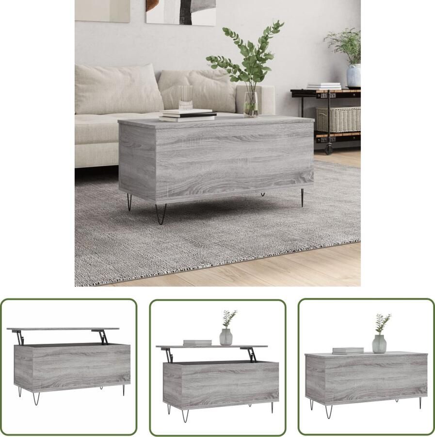The Living Store Salontafel Lift-top design Duurzaam bewerkt hout Ruime opbergruimte Metalen poten Grijs 90 x 44.5 x 45 cm Salontafel Lift Top Tafel Houten Salontafel Grijze Salontafel Multifunctionele Tafel - Foto 4