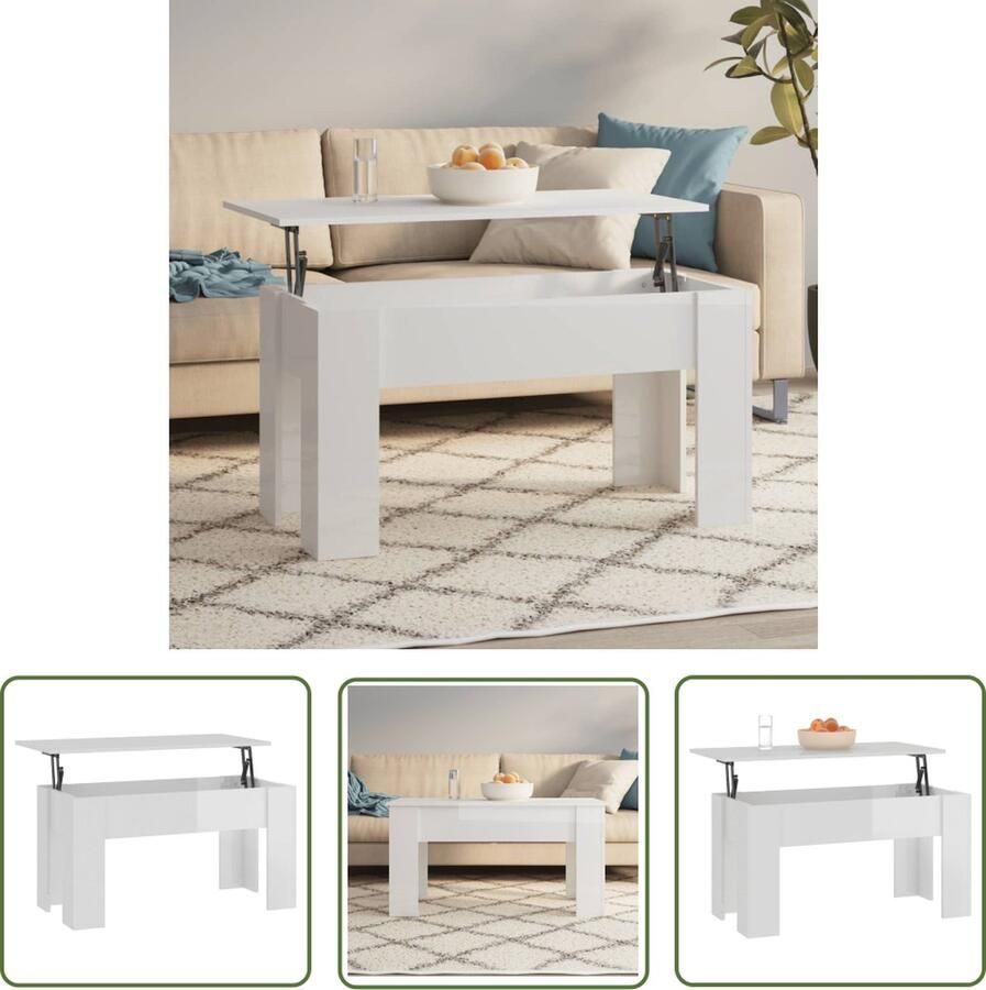 The Living Store Salontafel Lift-Top Hoogglans wit 101 x 49 x 52 cm Multifunctioneel - Foto 2