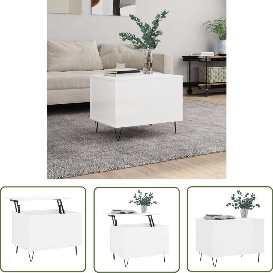 The Living Store Salontafel 60x44 5x45 cm bewerkt hout hoogglans wit Salontafel Lift Top Houten Salontafel Witte Salontafel Multifunctionele Salontafel - Foto 2