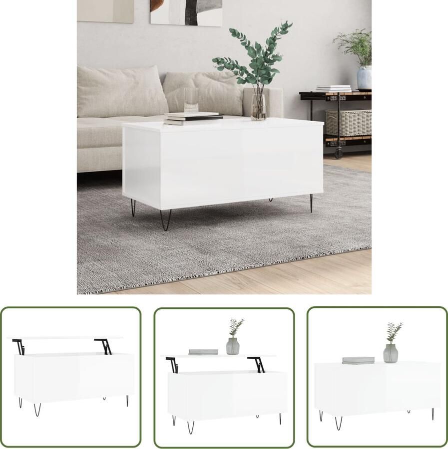 The Living Store Salontafel Lift-Top Hoogglans Wit 90 x 44.5 x 45 cm Met opbergruimte Salontafel Lift Top Tafel Witte Salontafel Houten Salontafel Multifunctionele Tafel - Foto 2