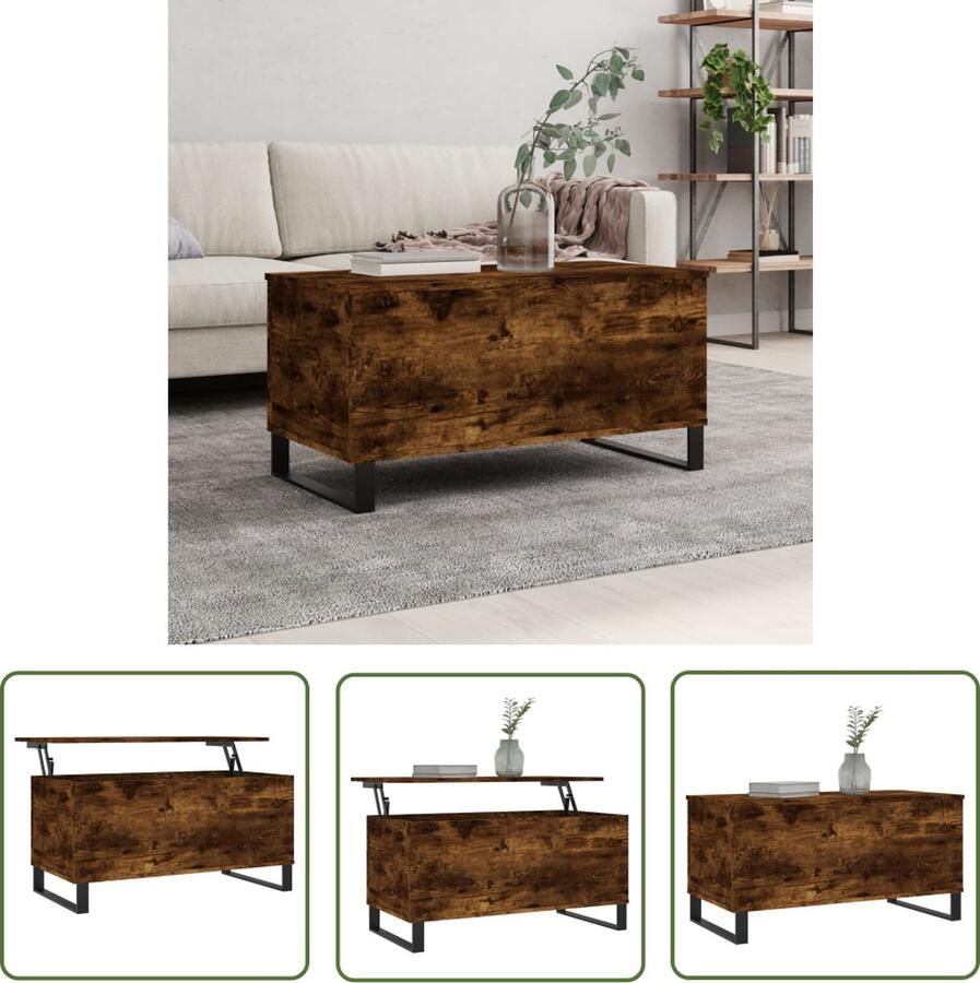 The Living Store Salontafel Lift-top ontwerp Duurzaam bewerkt hout Verborgen opbergruimte Metalen poten Veelzijdig Gerookt eiken 90x44.5x45cm Montage vereist Bruin - Foto 2