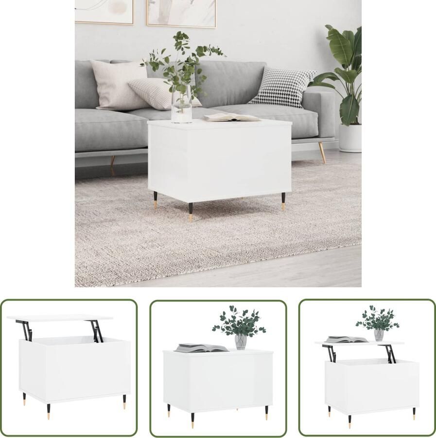 The Living Store Salontafel Lift-top ontwerp Duurzaam bewerkt hout Voldoende opbergruimte Metalen poten Veelzijdig Kleur- hoogglans wit Afmetingen- 60 x 44.5 x 45 cm - Foto 2