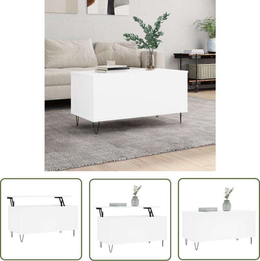 The Living Store Salontafel Lift-top Wit 90 x 44.5 x 45 cm Bewerkt hout en metaal Salontafel Lift Top Tafel Houten Salontafel Wit Meubilair Multifunctionele Tafel - Foto 3