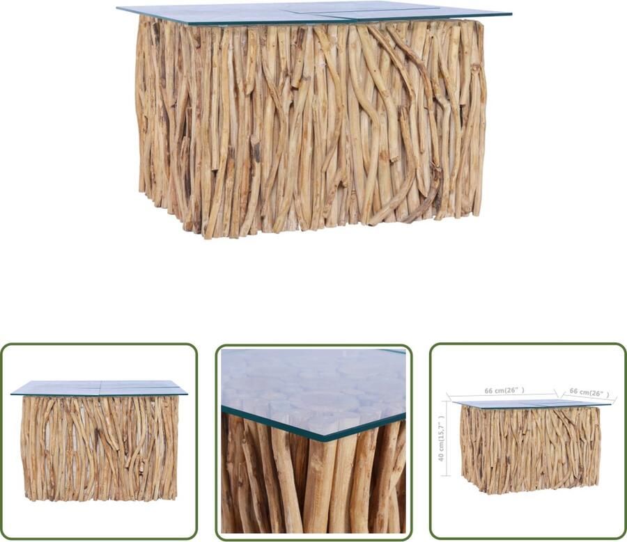 The Living Store Salontafel Massief Teakhout en Glas 66 x 66 x 40 cm Lichtbruin Salontafel Teak Houten Tafel Glas Tafelblad Living Room Furniture Koffietafel - Foto 2