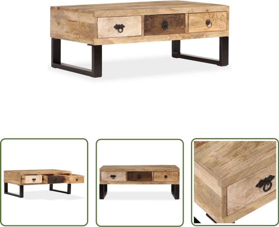 The Living Store Salontafel met 3 lades 90x50x35 cm massief mangohout Salontafel Mango Hout Industrieel Design Vintage Stijl Handgemaakte Meubels