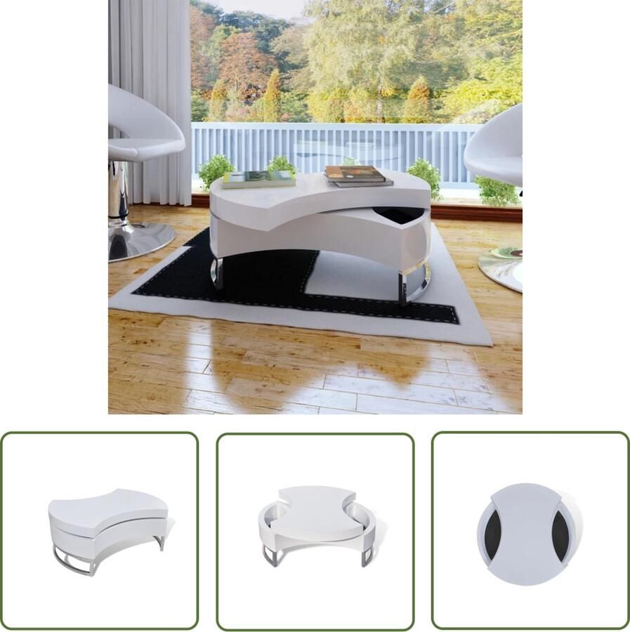 The Living Store Salontafel Hoogglans Wit Draaibaar Opbergruimte Robuuste Constructie 80 x 32.5 cm (Ã¸ x H) MDF Tafelblad Roestvrij Staal Tafelpoten Salontafel Koffietafel Hoogglanstable Witte Salontafel Draaibare Salontafel - Foto 2
