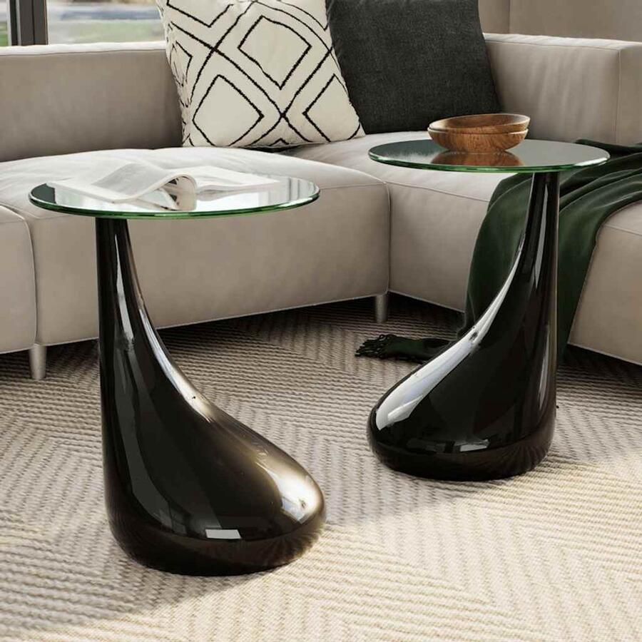 VidaXL Salontafel Rond Glas Hoogglans Zwart 2 Stuks Salontafel Koffietafel Ronde Tafel Zwarte Salontafel Moderne Salontafel Glasvezel Tafel Waterspuitontwerp Klein Meubilair Binnenhuisdecoratie Livingroom Decor