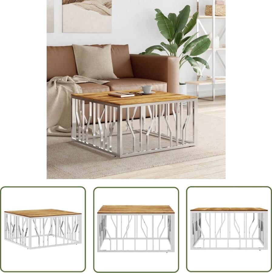The Living Store Salontafel Modern 80 x 80 x 40 cm Roestvrij staal en acaciahout Salontafel Roestvrijstaal Acacia Houten Tafel Moderne Salontafel Koffietafel