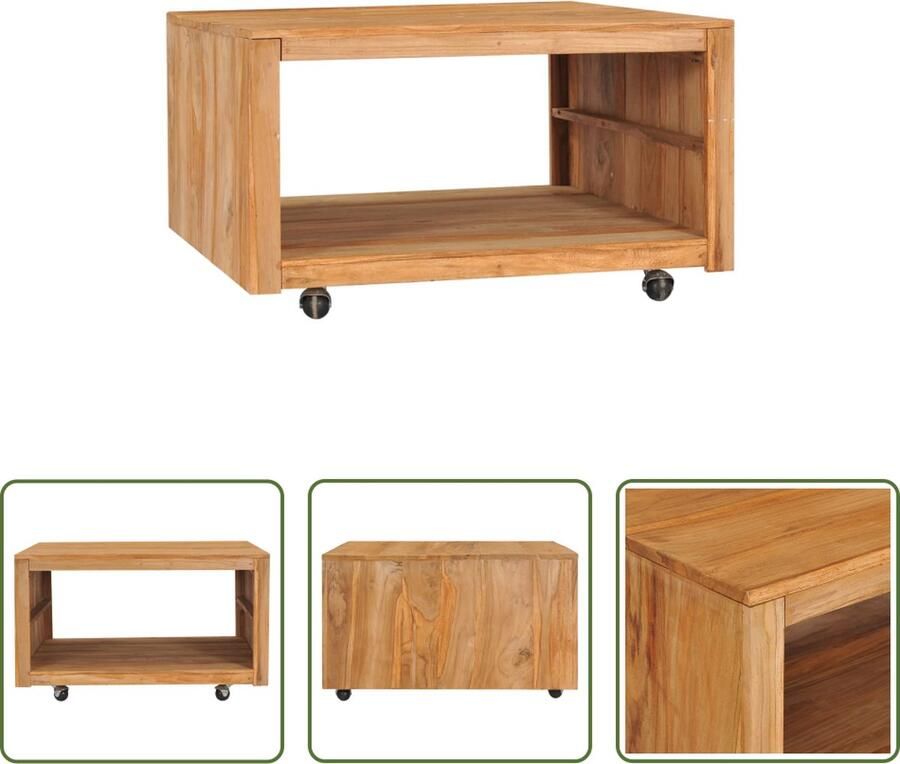 The Living Store Salontafel Rustieke Stijl 80 x 80 x 40 cm Massief Teakhout met Onderschap en Wielen - Foto 2
