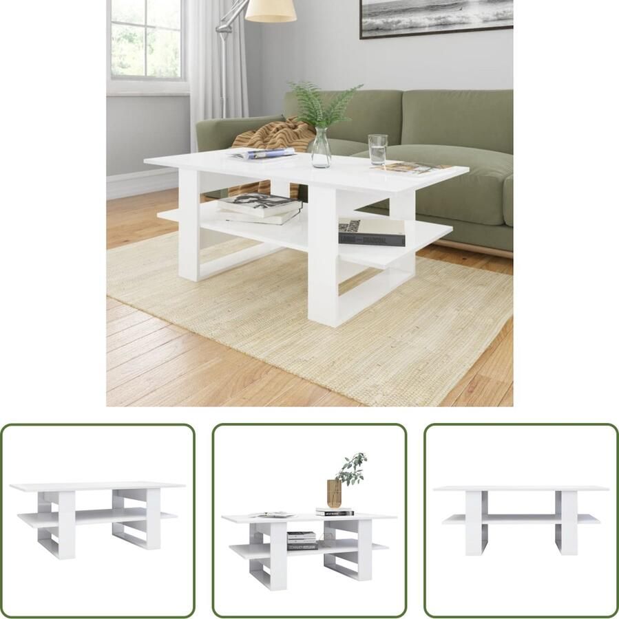 The Living Store Salontafel Scandinavisch 110 x 55 x 42 cm hoogglans wit met schap - Foto 2