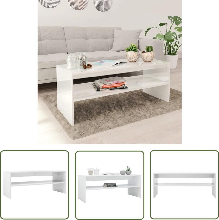 The Living Store Salontafel Scandinavisch design Hoogglans wit 100 x 40 x 40 cm (B x D x H) Met schap - Foto 2
