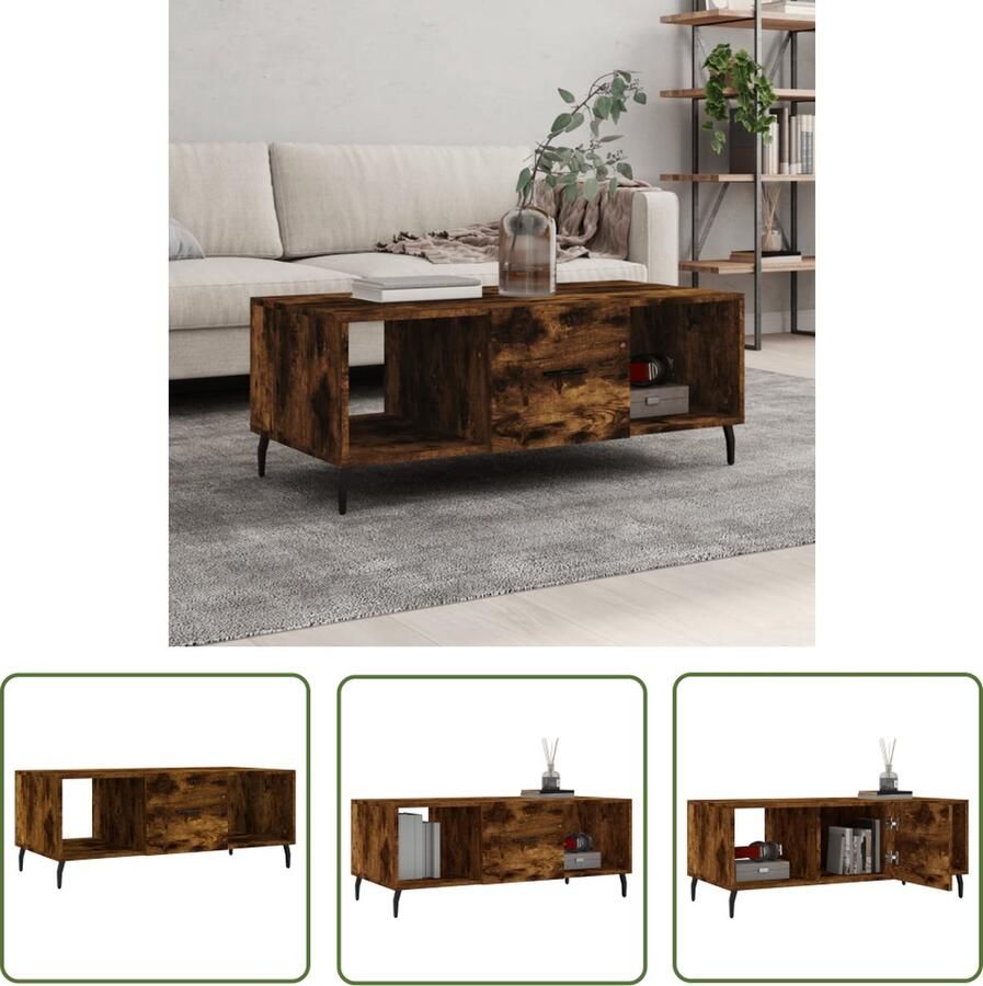 The Living Store Salontafel Smoke Oak Hout IJzer 102 x 50 x 40 cm Opbergruimte - Foto 2