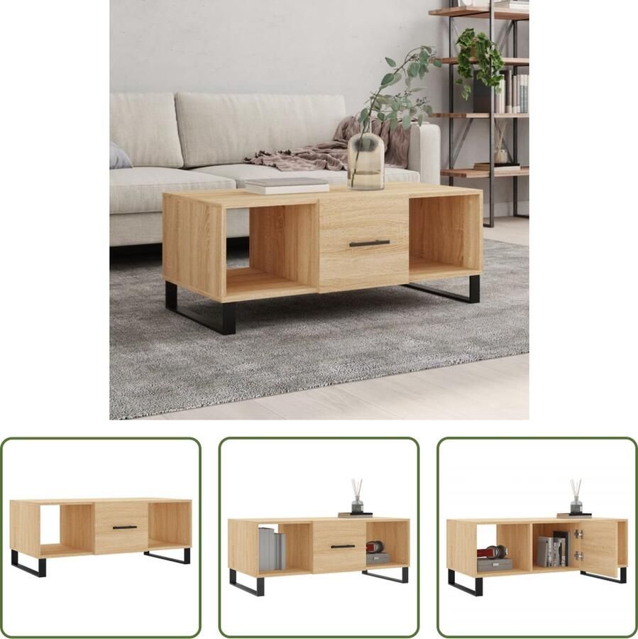 The Living Store Salontafel Sonoma Eiken 102 x 50 x 40 cm Met 3 vakken Salontafel Bijzettafel Houten Salontafel Met Lade Sonome Eiken Meubilair