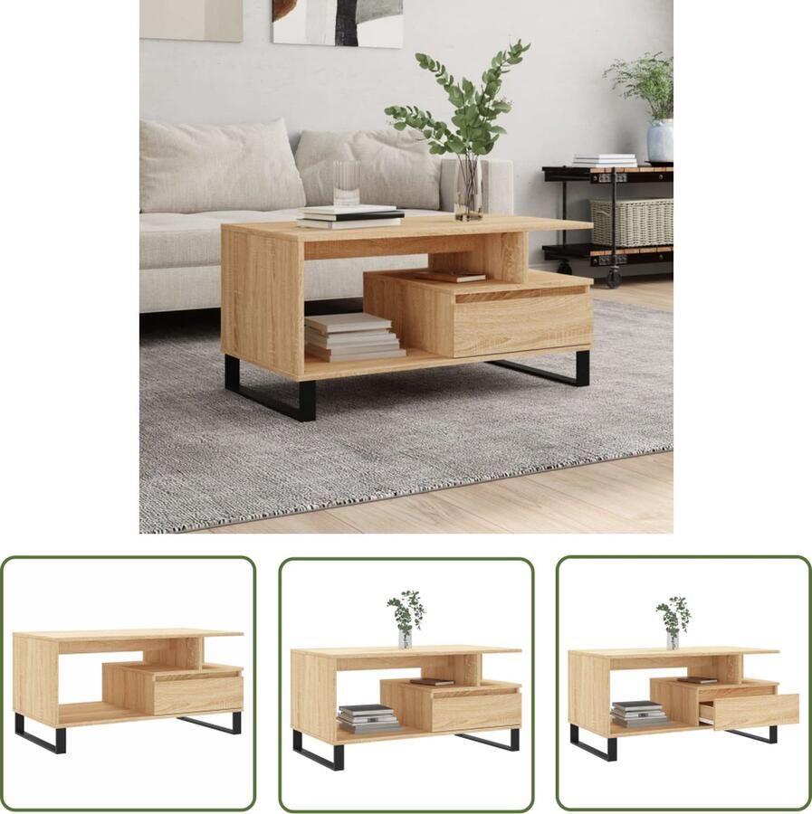 The Living Store Salontafel Sonoma Eiken 90 x 49 x 45 cm Duurzaam bewerkt hout Met lade Stijlvolle metalen poten Salontafel Houten Salontafel Salontafeltje Bijzettafel Tv Tafeltje - Foto 2