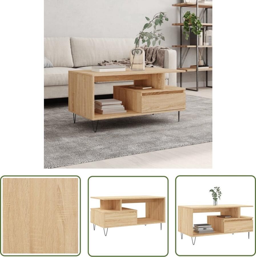 The Living Store Salontafel Sonoma Eiken 90 x 49 x 45 cm Duurzaam bewerkt hout metaal Salontafel Bijzettafel Houten Salontafel Met Lade Sonoma Eiken Meubilair