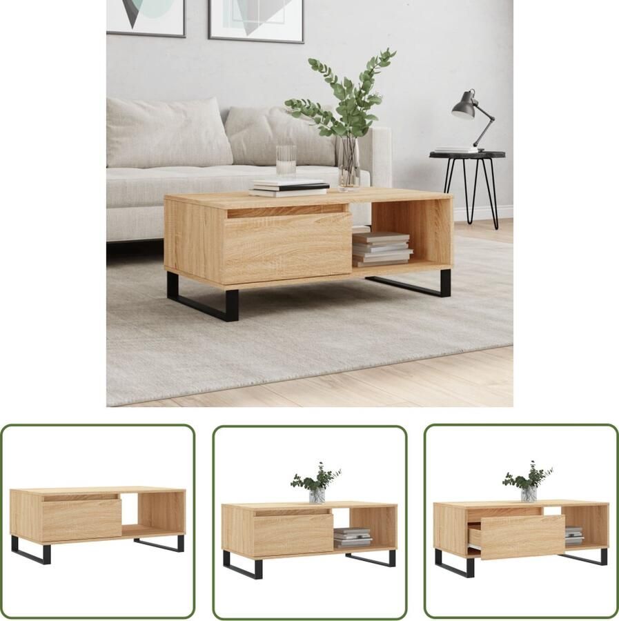 The Living Store Salontafel Sonoma Eiken Bijzettafel met Lade 90 x 50 x 36.5 cm Duurzaam Hout en Metaal Salontafel Bijzettafel Houten Salontafel Sonoma Eiken Bruine Salontafel - Foto 2
