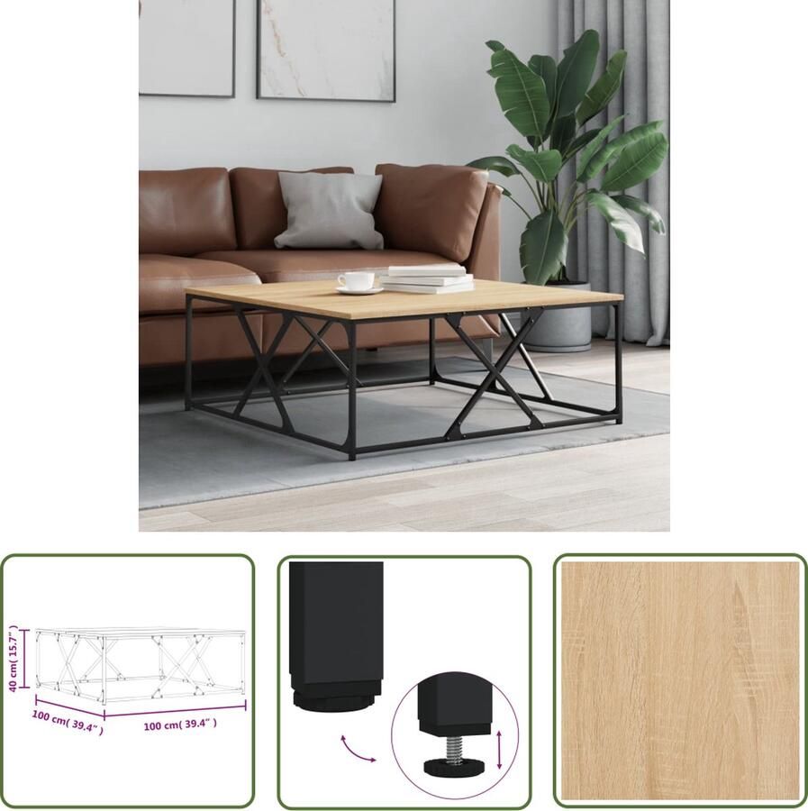 The Living Store Salontafel Sonoma Eiken Hout Metaal 100x100x40cm Trendy meubelstuk