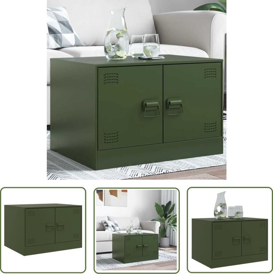 The Living Store Salontafel Staal 67x50x44 cm Olijfgroen Sterk materiaal met voldoende opbergruimte praktische handgrepen 75 kg draagvermogen - Foto 2