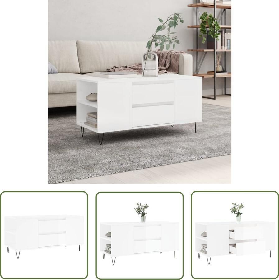 The Living Store Salontafel 102x44 5x50 cm bewerkt hout hoogglans wit Salontafel Bijzettafel Houten Salontafel Hoogglans Wit Trendy Salontafel - Foto 2