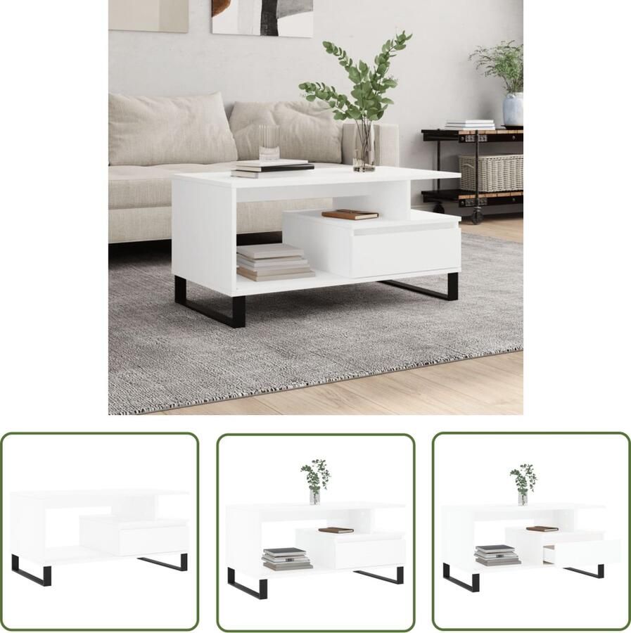 The Living Store Salontafel Trendy Bijzettafel 90 x 49 x 45 cm Met lade Salontafel Bijzettafel Houten Salontafel Wit Meubilair Modern Tafellamp - Foto 3