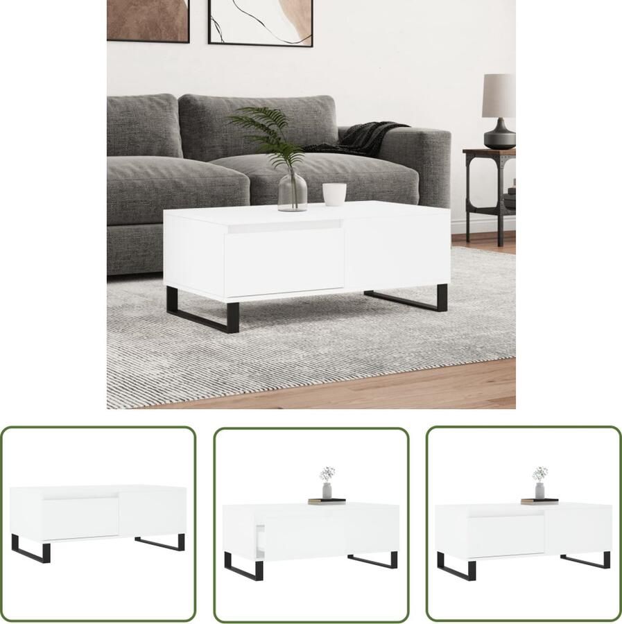 The Living Store Salontafel trendy bijzettafel 90 x 50 x 36.5 cm bewerkt hout en metaal Salontafel Bijzettafel Houten Salontafel Witte Salontafel Modern Meubilair - Foto 2