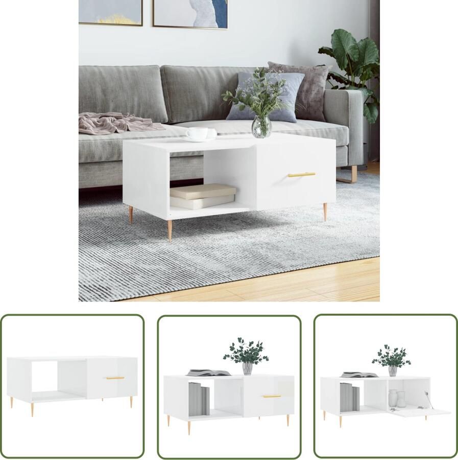 The Living Store Salontafel Trendy Bijzettafel 90 x 50 x 40 cm Hoogglans wit Salontafel Bijzettafel Houten Salontafel Hoogglans Wit Salontafel Modern - Foto 2