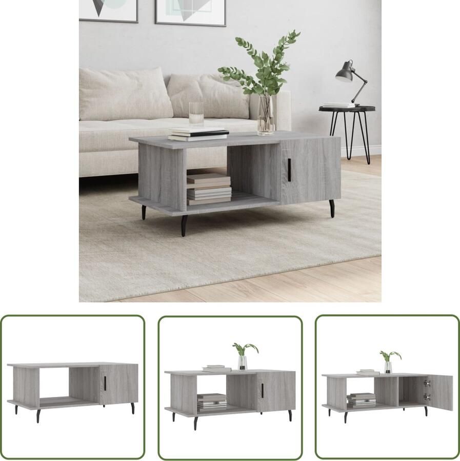 The Living Store Salontafel Trendy Bijzettafel Afmeting- 90x50x40cm Ken- Duurzaam voldoende opbergruimte stevig tafelblad praktische deur ijzeren poten Kleur- Grijs sonoma eiken Materiaal- Bewerkt hout en ijzer Montage vereist - Foto 2