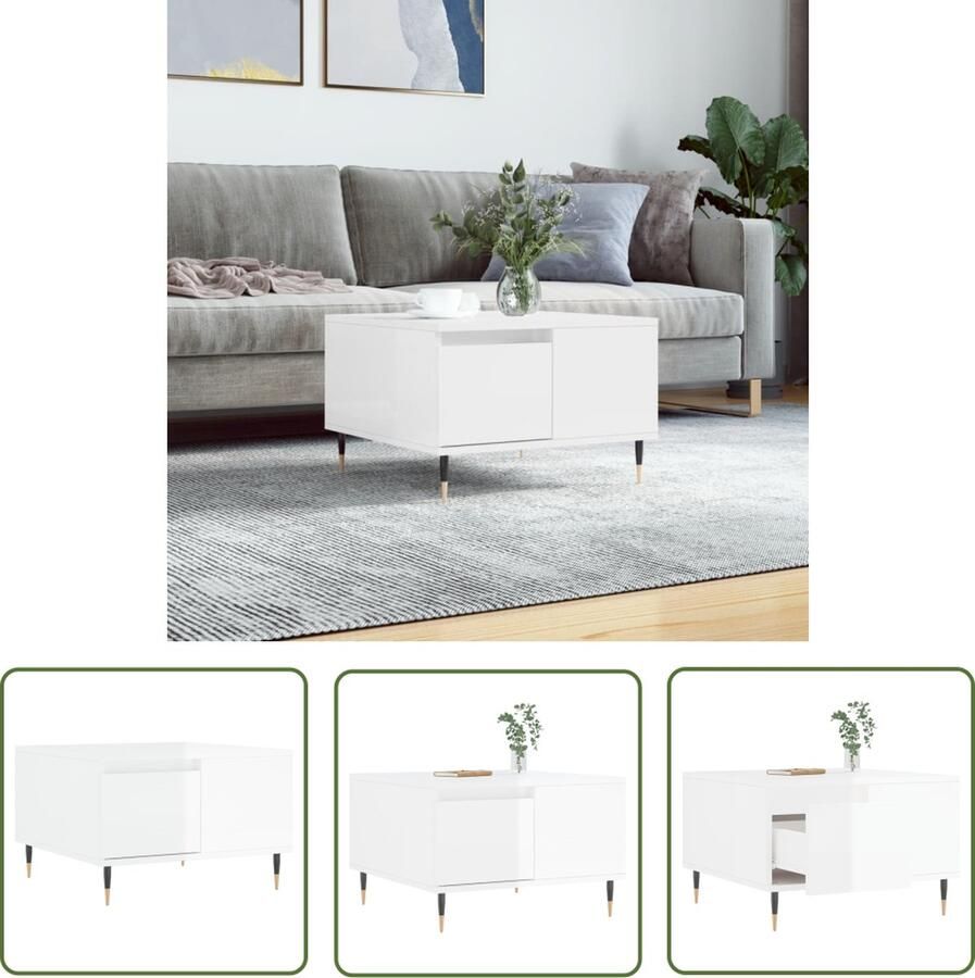 The Living Store Salontafel trendy bijzettafel Afmetingen- 55 x 55 x 36.5 cm Ken- hoogglans wit Salontafel Bijzettafel Houten Salontafel Witte Salontafel Modern Meubilair - Foto 4