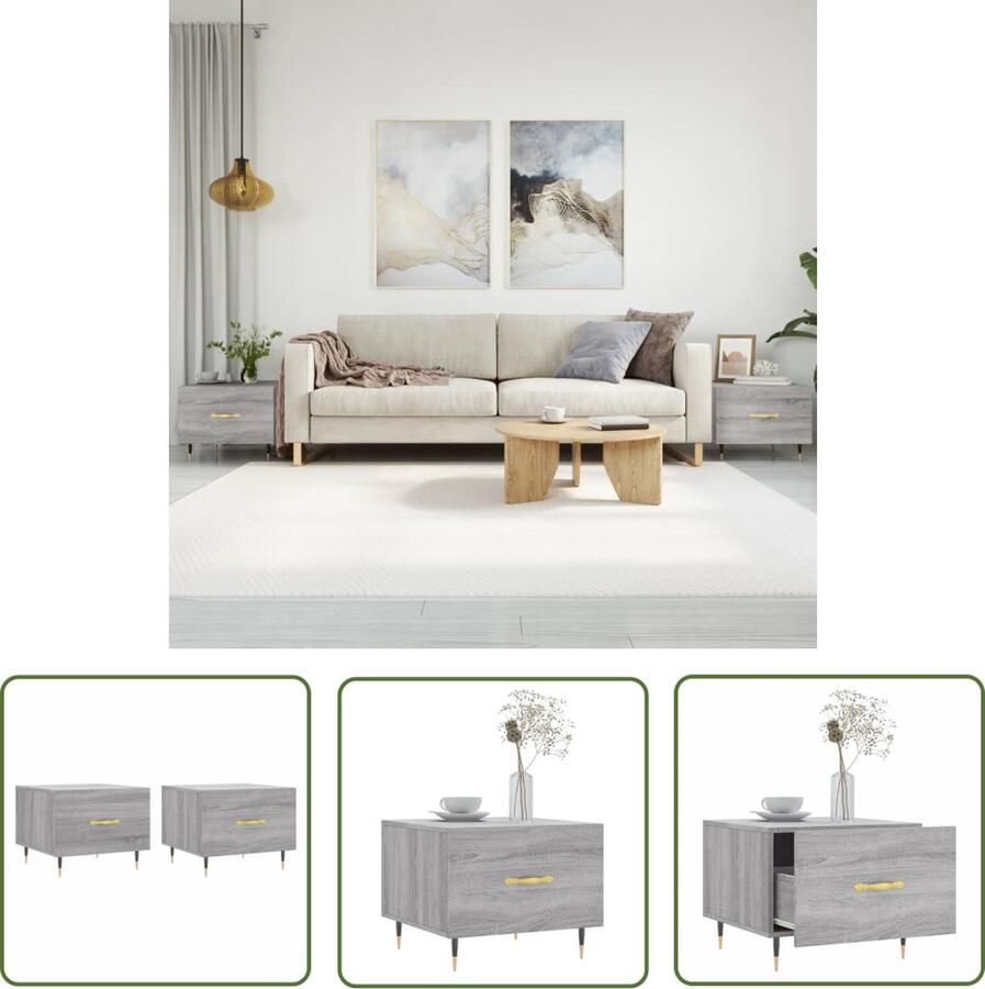 The Living Store Salontafel Trendy Bijzettafel met lade Stevig tafelblad IJzeren poten Grijs Sonoma Eiken 50x50x40 cm Set van 2 Salontafel Bijzettafel Houten Salontafel Grijze Salontafel Moderne Salontafel