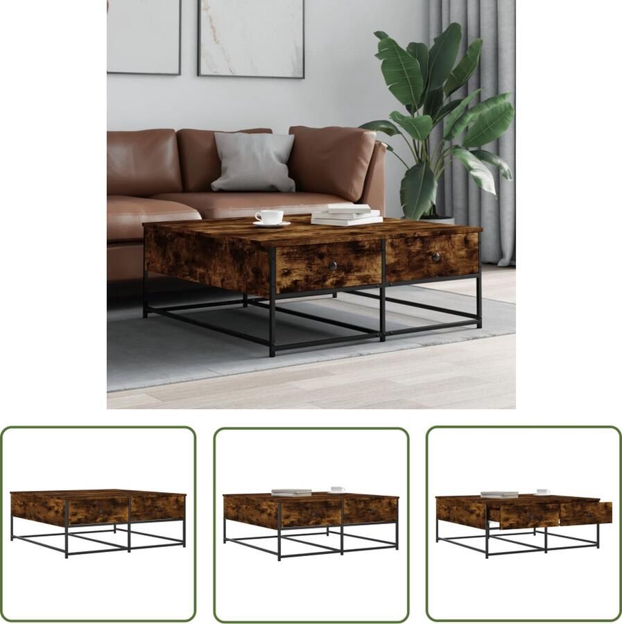 The Living Store Salontafel Trendy Gerookt Eiken 100 x 99 x 40 cm Bewerkt hout en metaal Salontafel Houten Salontafel Trendige Salontafel Bruin Salontafel Met Lade - Foto 2
