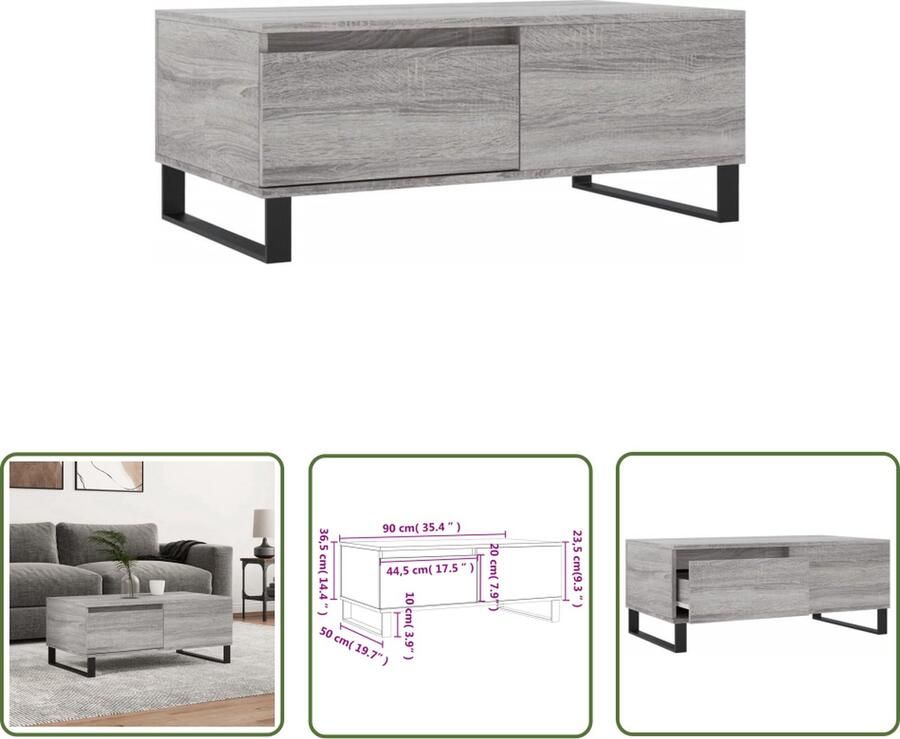 The Living Store Salontafel Trendy Grijs Sonoma Eiken 90x50x36.5cm Bewerkt hout en metaal