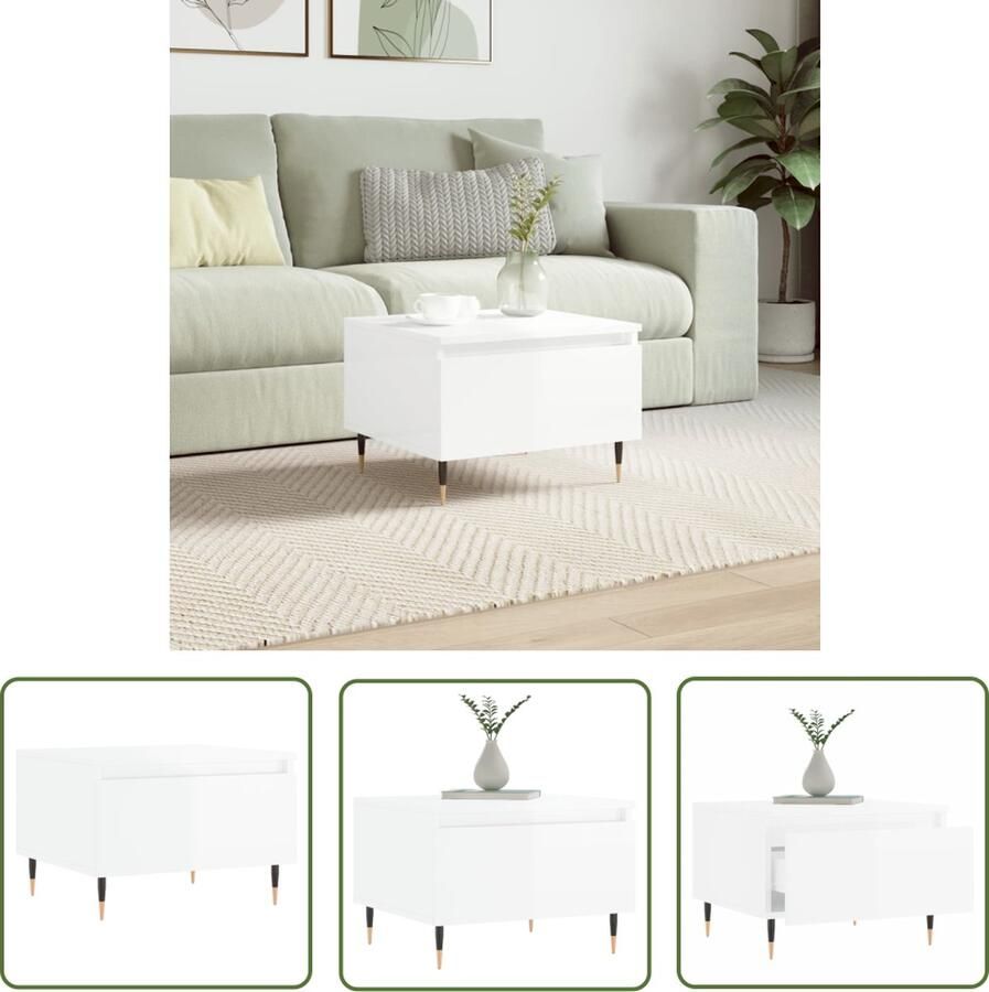 The Living Store Salontafel Trendy Hoogglans wit 50 x 46 x 35 cm Bewerkt hout en metaal Salontafel Trendy Salontafel Houten Salontafel Witte Salontafel Met Lade - Foto 2