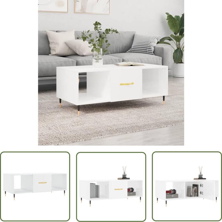 The Living Store Salontafel Trendy Hout IJzer 102x50x40 cm Hoogglans wit Salontafel Houten Salontafel Witte Salontafel Trendige Salontafel Met Lade - Foto 2