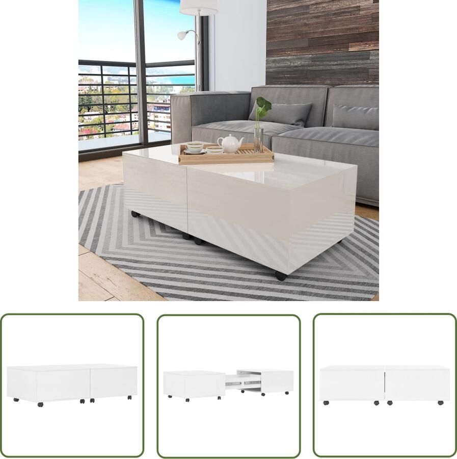 The Living Store Salontafel Verlengbaar Hoogglans wit bewerkt hout 120 x 60 x 35cm