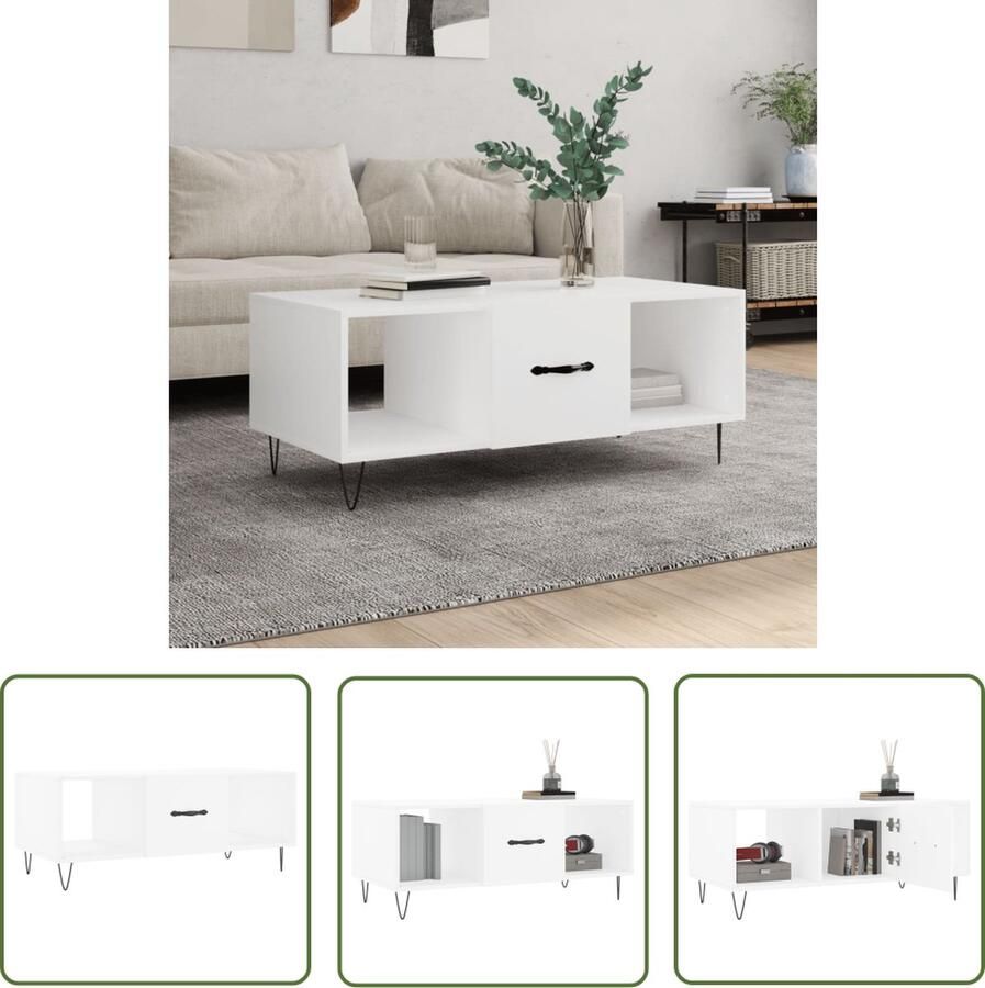 The Living Store Salontafel Wit 102 x 50 x 40 cm Hoge kwaliteit hout en ijzer Salontafel Salontafeltje Houten Salontafel Witte Salontafel Stoere Salontafel - Foto 2