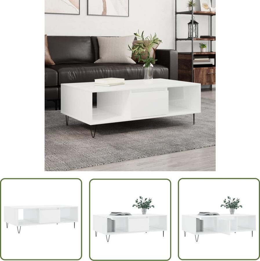 The Living Store Salontafel Wit 104 x 60 x 35 cm Bewerkt hout en ijzer Salontafel Witte Salontafel Houten Salontafel Metalen Salontafel Bijzettafel - Foto 2